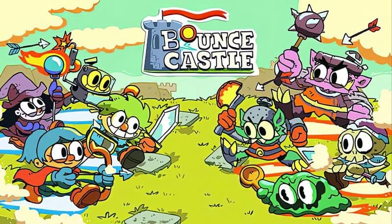 Bounce Castle: Cartoon heroes wielding swords and staffs face off against monsters on a grassy battlefield with castles.