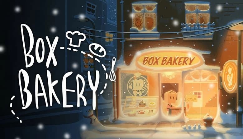 A box-headed character stands in a warmly lit bakery, surrounded by pastries, as snow falls gently on the nighttime street.