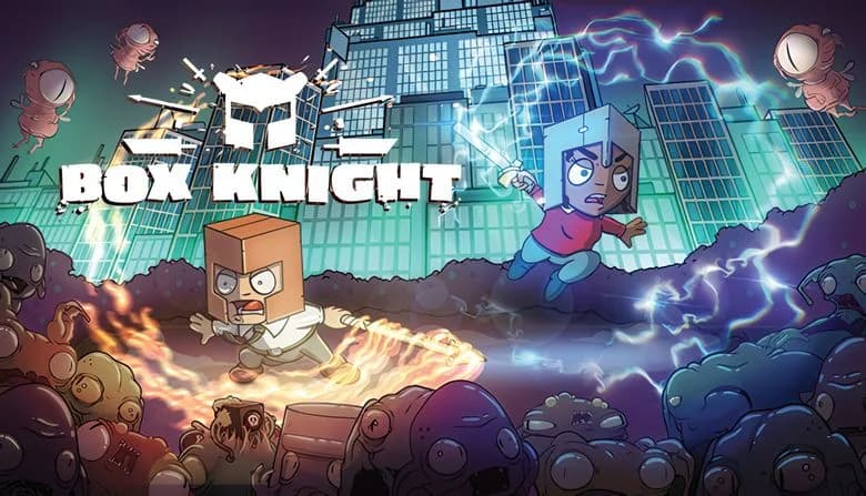 Two cartoon characters with box helmets wield flaming and lightning swords, battling cartoon monsters in a cityscape.