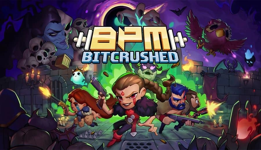 BPM Bitcrushed: Three armed heroes charge through a graveyard firing pistols and magic at monsters amid tombstones.