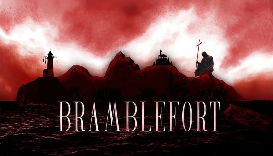 BRAMBLEFORT: shadowy soldier holds rifle on ridge, lighthouse and cross on dark rocky hills under red sky.