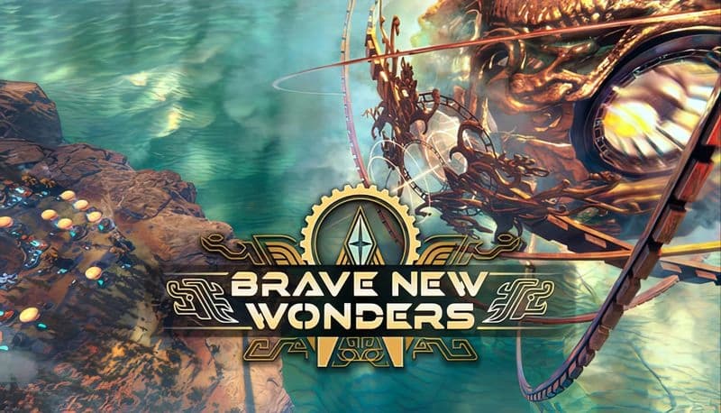Brave New Wonders: Floating steampunk airship navigates a rocky canyon, gears and turbines whirring amidst green mist.