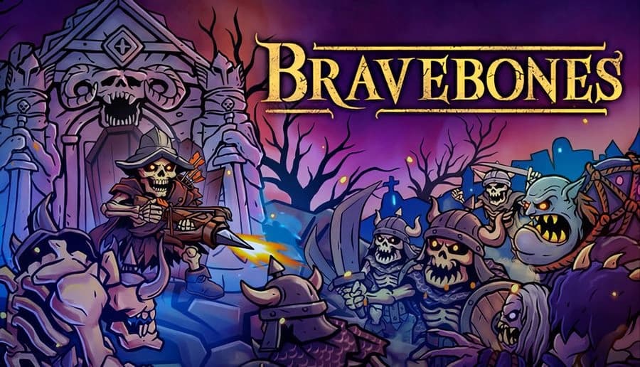 Bravebones: skeletal pirate aims a musket at a crowd of snarling skeletons and goblins in a dark graveyard.