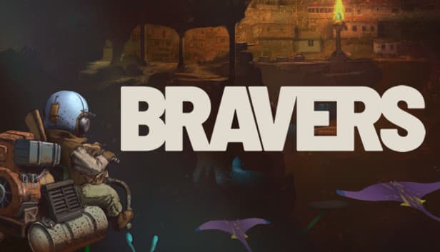 Bravers: Explorer in helmet navigates cave with alien flora and city ruins in backdrop. Surreal, detailed art style.