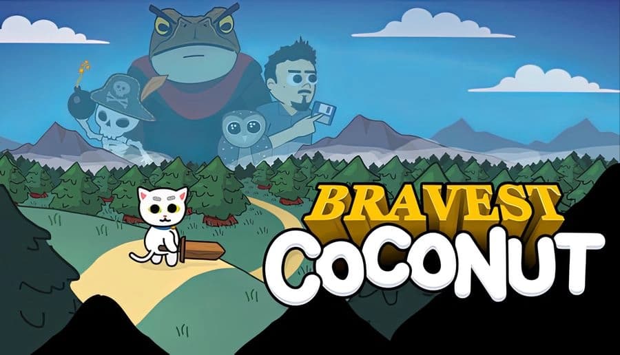 Bravest Coconut: white cat holding a red book on a forest path, with large ghostly monsters looming over mountains.