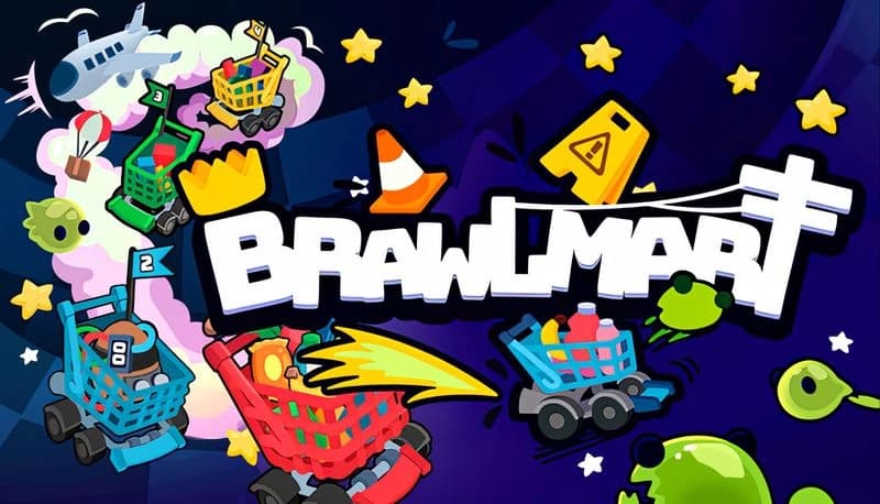 BrawlMart: Colorful shopping carts with rocket boosters race through a neon arena with obstacles and power-ups.