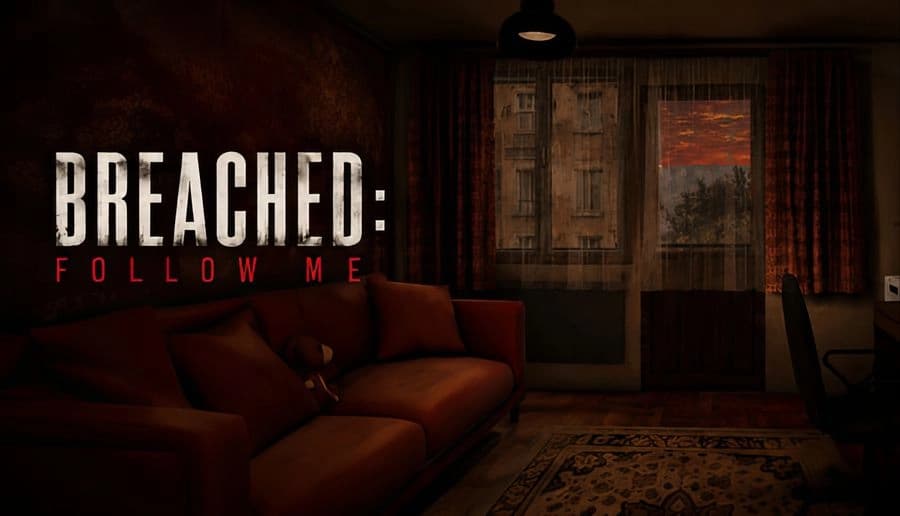BREACHED: Dark living room with red wallpaper and sofa, curtains framing a window with fiery orange sky outside.