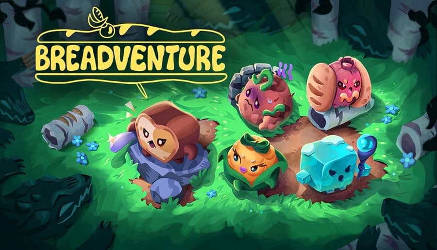 Breadventure: smiling bread loaf hero and food allies pose on grassy forest path with rocks, flowers, and trees nearby.