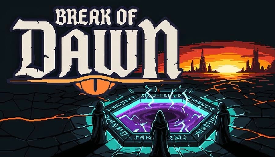 Break Of Dawn: three hooded figures face a glowing rune portal on cracked lava ground, distant city at sunset.