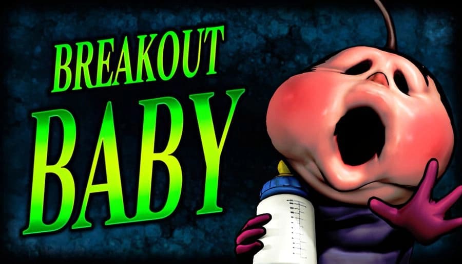 BREAKOUT BABY: close-up baby with wide open mouth and raised hand holding a bottle on dark textured background.