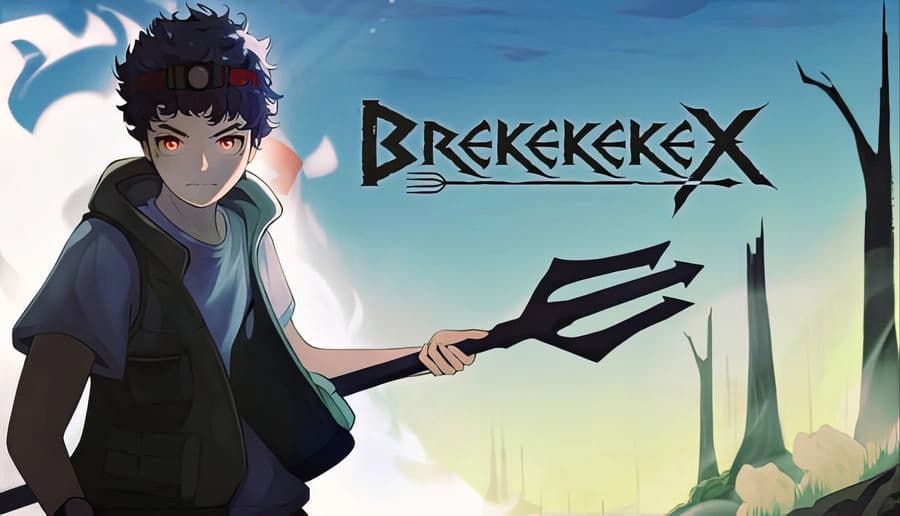 BREKEKEKEX: young man with spiky black hair holds a trident, standing against a blue sky with tall reeds.