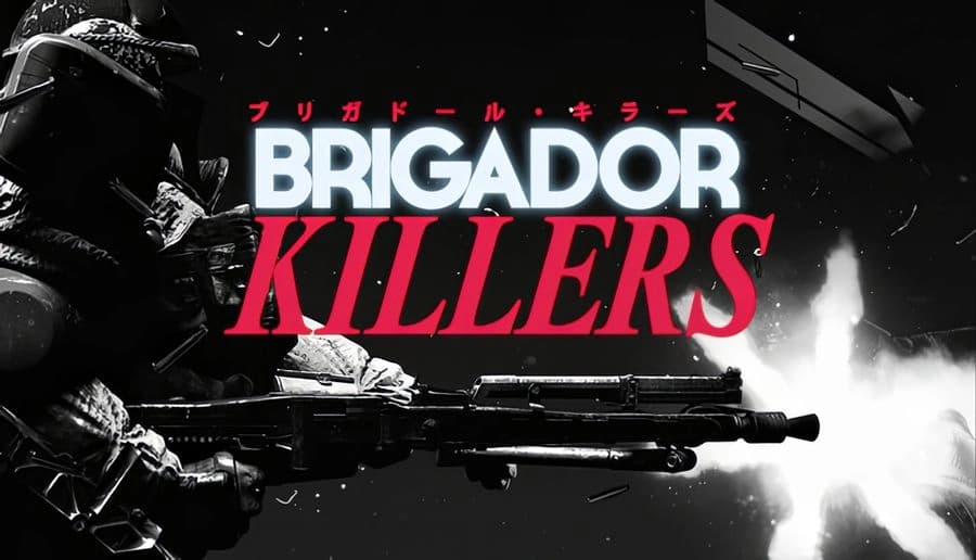 Brigador Killers: armed soldier aims rifle beside heavy gun emplacements in smoky, debris-strewn battlefield scene.