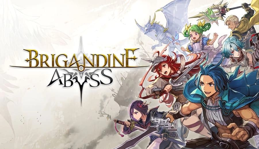 BRIGANDINE ABYSS: Armored blue-haired man leads fantasy heroes with weapons and dragon companion on white backdrop.