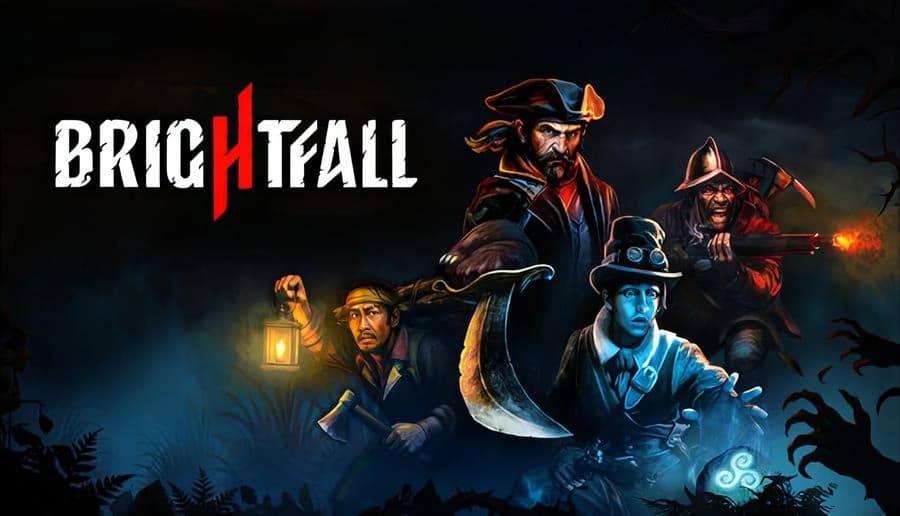Brightfall: Four men in 17th-century coats aim pistols and hold a lantern in a dark forest with reaching hands.