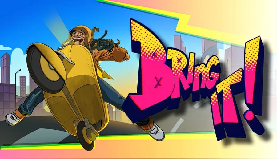 Bring It: male rider pops a wheelie on yellow scooter, legs spread, with stylized city skyline backdrop.