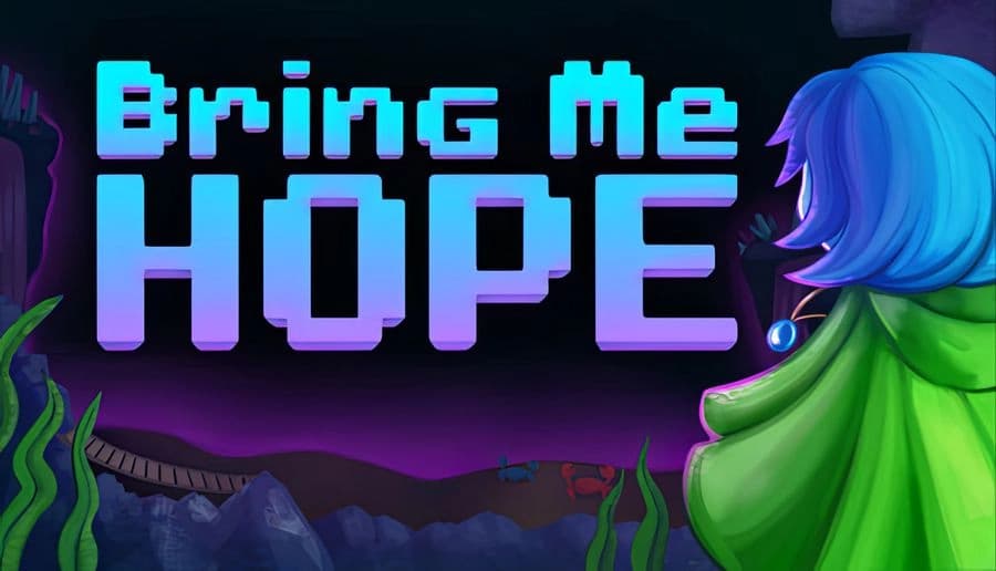 Bring Me Hope: blue-haired young woman in green cloak gazes over glowing pixel title above a night valley backdrop.