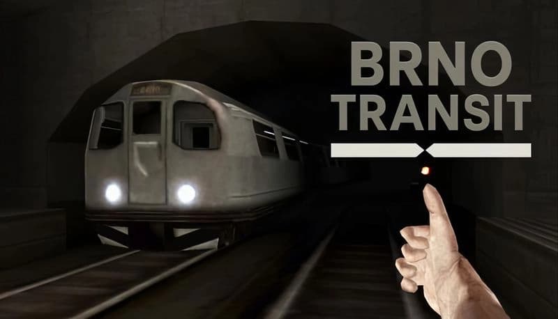 Brno Transit: Train approaches in dark tunnel, foreground shows a hand giving a thumbs-up, red light in distance.