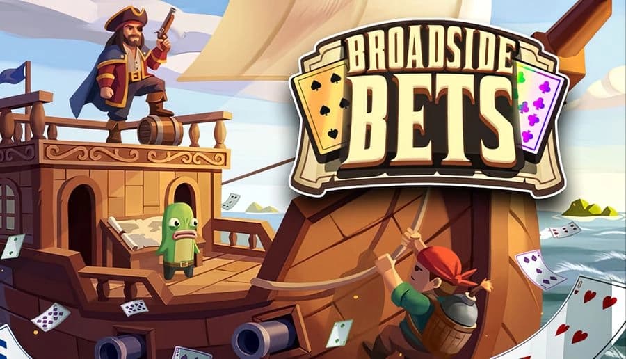 Broadside Bets: pirate captain points pistol on ship deck as crew holds cards near a giant game sign at sea.