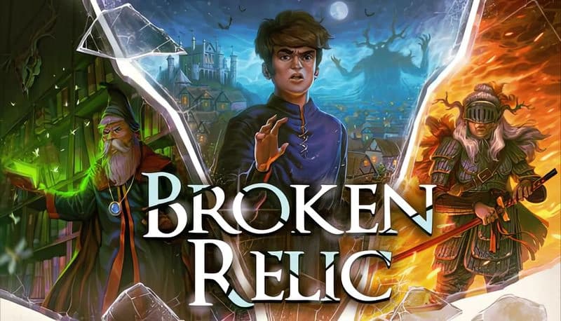 Broken Relic: Young man in blue stands between wizard and armored warrior amid shattered glass in a medieval village.