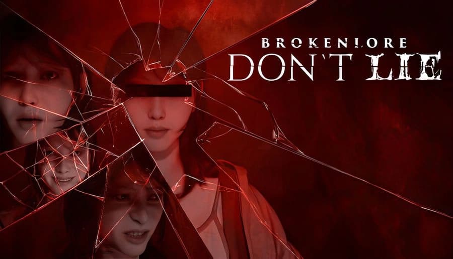 BrokenLore: Three women’s faces behind cracked glass, red-tinted collage with shard lines across the frame background.