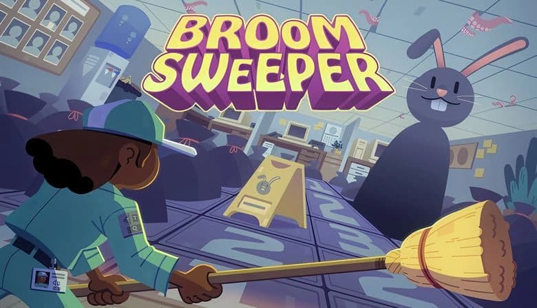 A young woman in a janitor uniform holds a broom, facing a giant dust bunny on numbered tiles in a cluttered office.