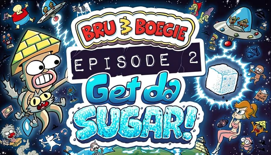 Bru & Boegie: Wide-eyed boy in green cap floats in space near aliens, cubes, and comic-style title backdrop.