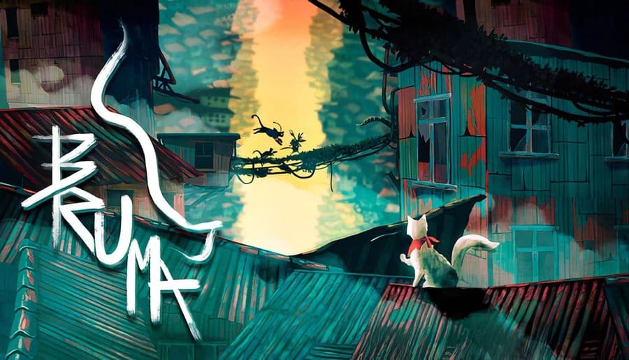 Bruma: white cat stands on a corrugated metal roof at sunset, facing stacked wooden houses and tall trees.