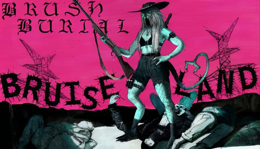 Brush Burial: white-haired woman in wide-brim hat aims rifle, long tail curling against pink skyline with power lines.
