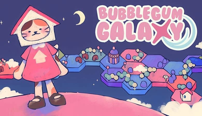 A young girl in a pink outfit with a house-shaped head stands on a colorful planet, hexagonal tiles forming a path behind.