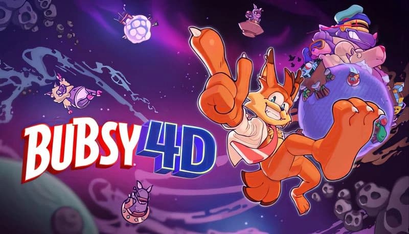 Bubsy 4D: Energetic feline jumps with a peace sign amidst floating planets, chased by a purple cat in a cosmic environment.