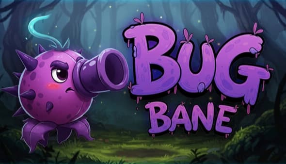 Bug Bane Survivors: Purple spiked creature with a cannon snout in a dark enchanted forest with glowing blue mist.