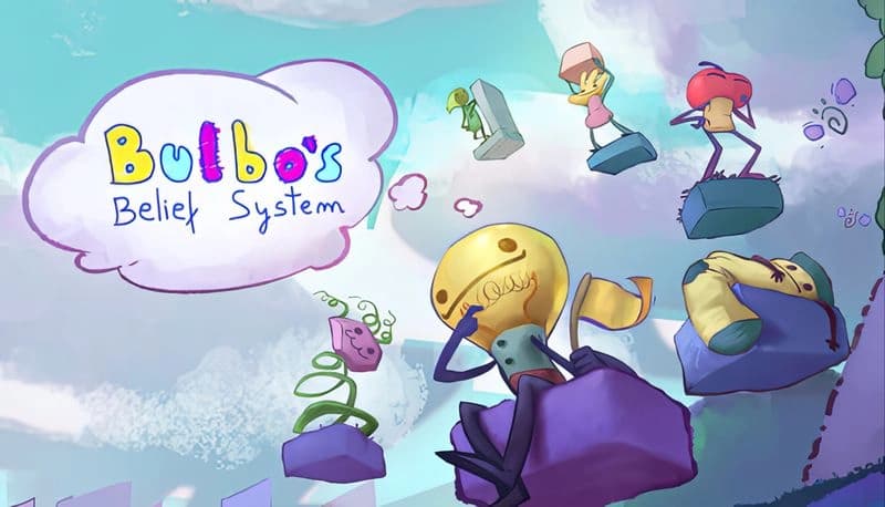 Bulbo's Belief System: Quirky creatures sit on floating platforms in a whimsical sky, surrounded by clouds and abstract shapes.