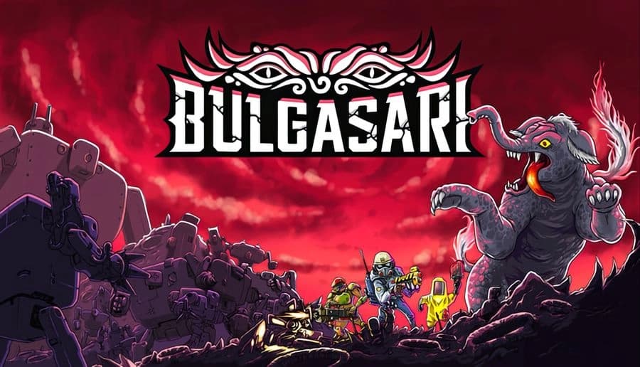 Bulgasari: armored fighter aims a rifle beside small robots and a roaring monster on a rubble-strewn hillside under red sky.