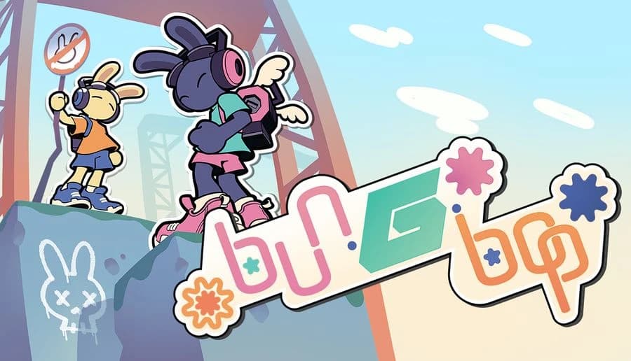 Bun G Bop: two cartoon bunny friends pose on a rocky ledge, holding a sign and waving at a pastel sky backdrop.