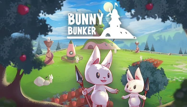 Bunny Bunker: Two bunnies with spears stand in lush garden with futuristic structures and distant hills under a bright sky.