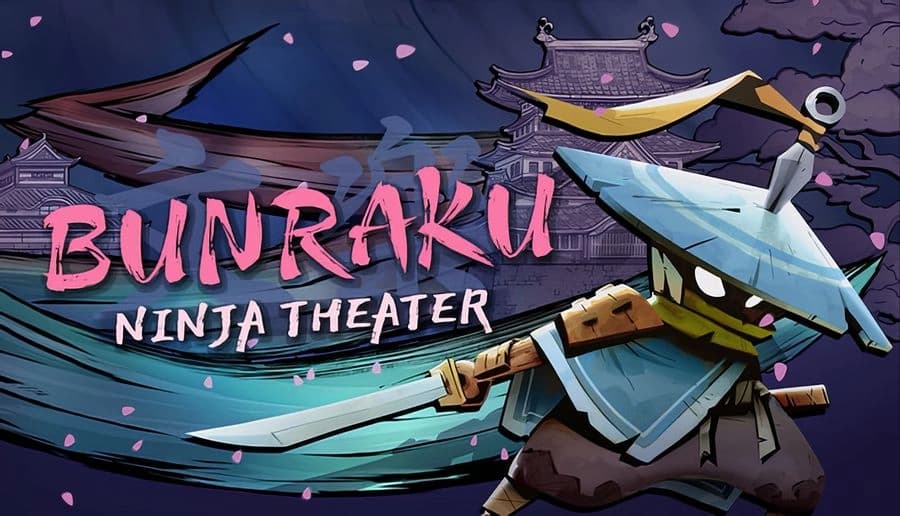 Bunraku: Masked ninja with straw hat holds drawn katana before Japanese castle rooftops at night under clouds.