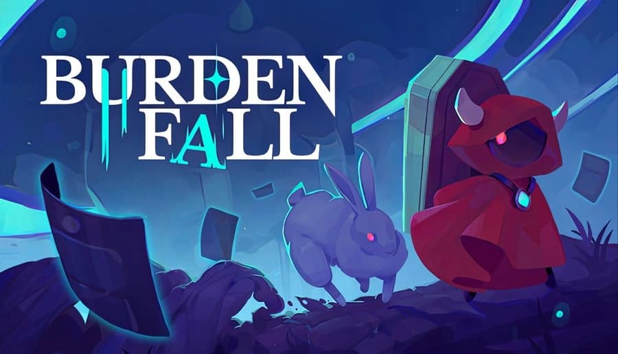 Burdenfall: hooded woman watches two glowing rabbits and a red orb on rocky ground under floating tiles.