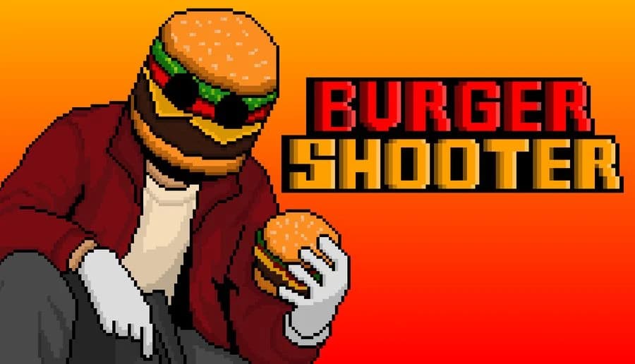 Burger Shooter: burger-headed man in red suit holds a hamburger against orange gradient background with pixel art style.