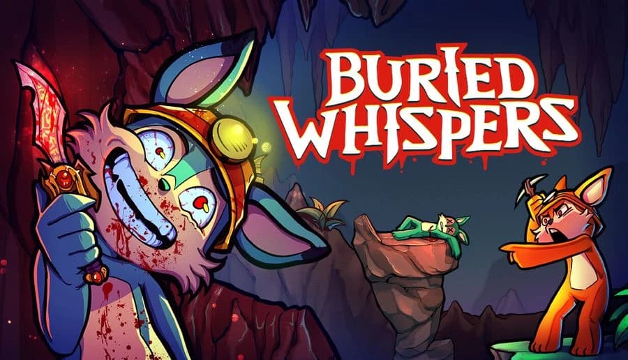 Buried Whispers: grinning miner with headlamp grips a bloodied knife beside a cliff edge in a dark cave.