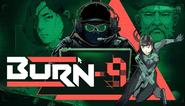 Burn-9: Masked soldier at a laptop with green goggles, young woman in black tactical suit beside teal monitors.