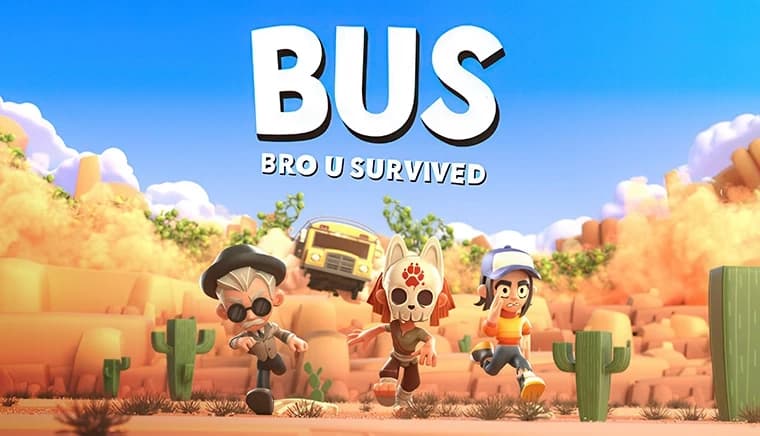 Three characters sprint through a desert landscape with tall cacti under a bright blue sky; a yellow bus follows.