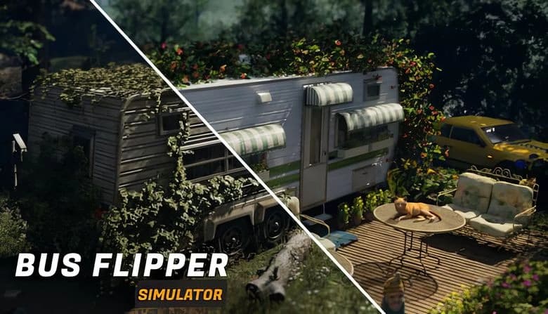 Bus Flipper: Split view of RV; one side old, other renovated with patio, forest backdrop, yellow car, chairs, sleeping cat.