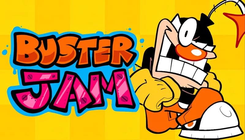 Buster Jam: Cartoon man in gloves and helmet grins, punching starburst on vibrant yellow checkered background.
