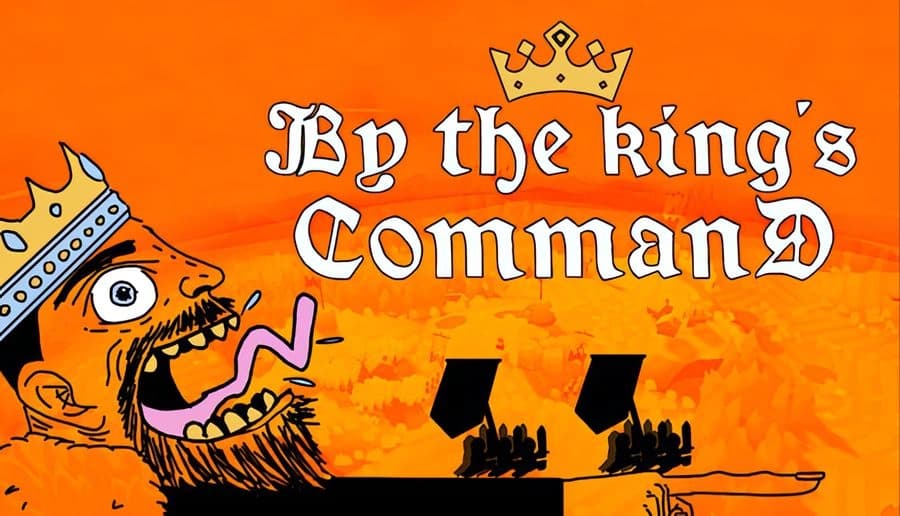 By the King’s Command: screaming crowned king points at two castle towers, orange sky with distant mountains backdrop.