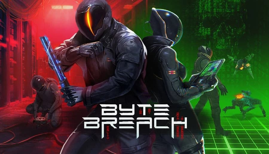 Byte Breach: three masked agents hold rifles and a hacking tablet back-to-back in neon red and green server corridors.