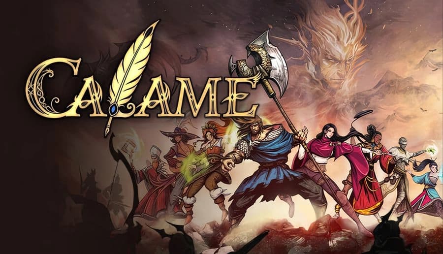 Calame: Warriors charge with swords and axes toward shadow beasts and a glowing man in a smoky battlefield sky.