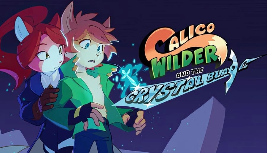 Calico Wilder and the Crystal Blade: Two youths stare at glowing blue crystal shards against a dark starry backdrop.