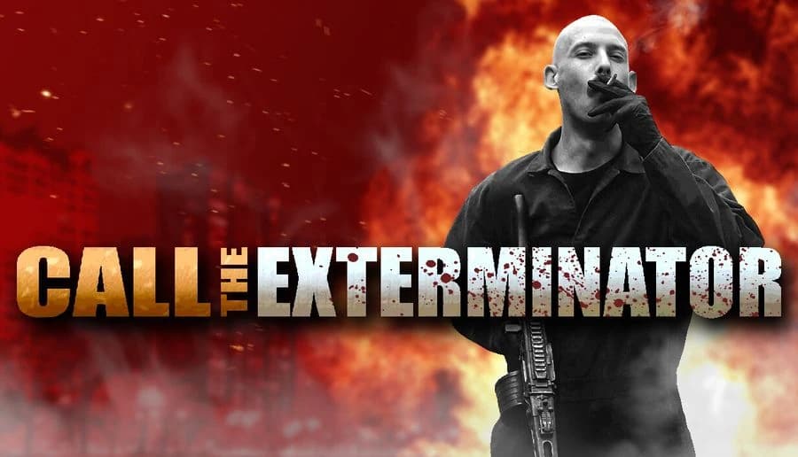 Call The Exterminator: Bald man in dark coat smokes cigar and grips rifle strap against fiery explosion backdrop.