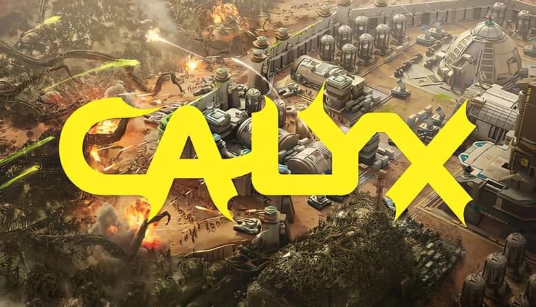 Calyx: Alien-infested landscape surrounds a fortified space mining base under attack, explosions and chaos visible.