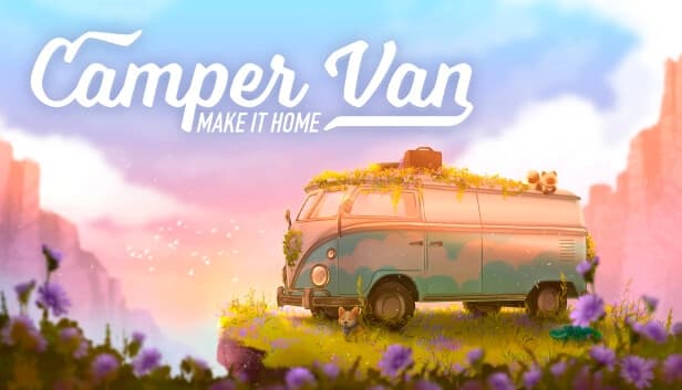 A vintage camper van with moss and flowers sits on a grassy hill. A cat and briefcase are on top, a Corgi below.
